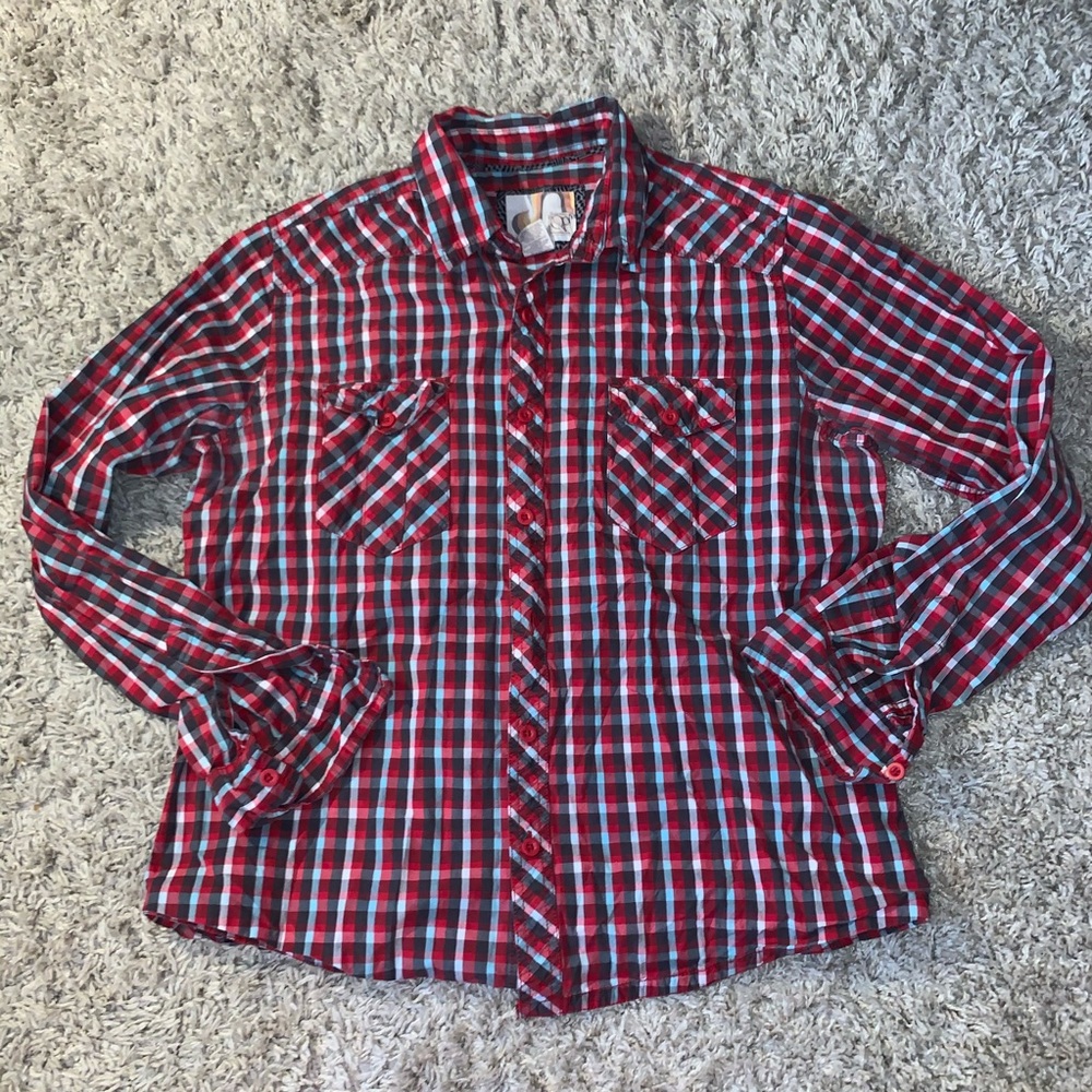 Red ,yellow, green, blue, plaid shirt